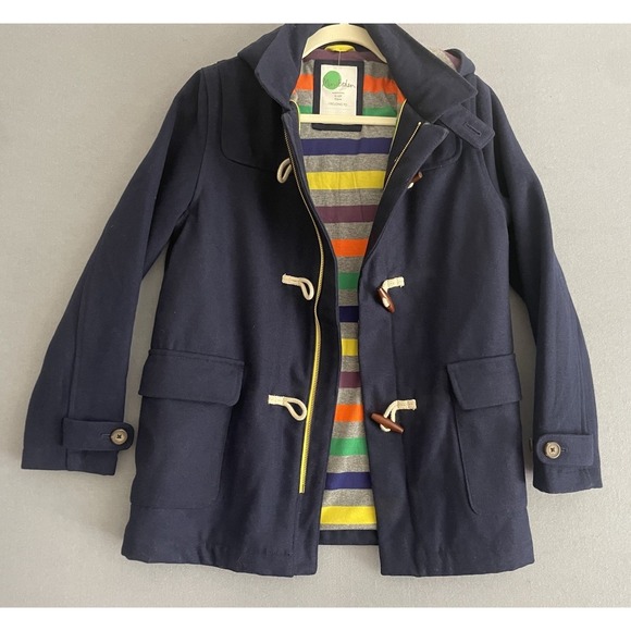 Mini Boden Boy 11-12Y Navy Wool Blend Toggle Coat Hood Duffle Jacket Striped Zip - Picture 1 of 10